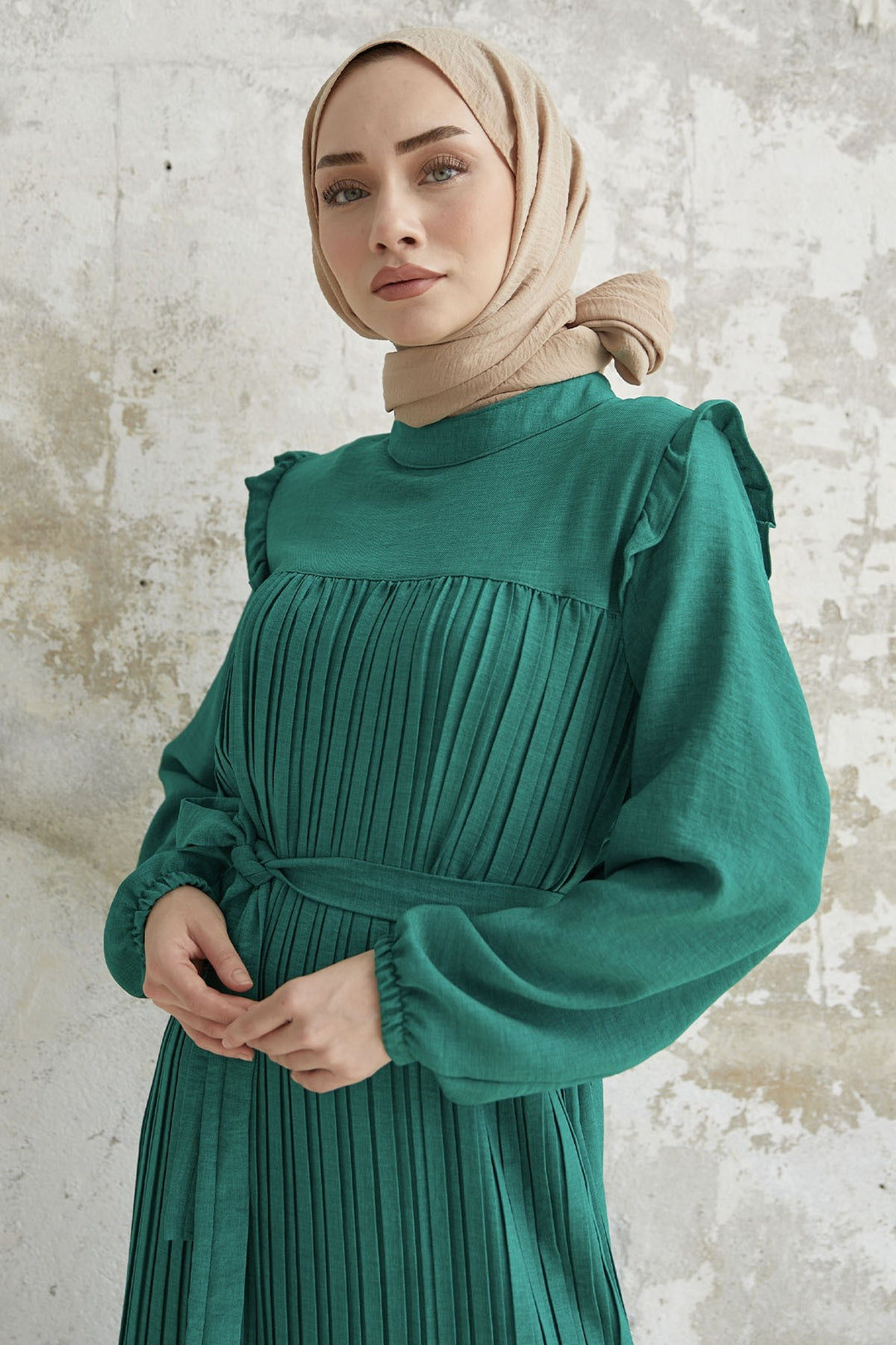 MDS Women Ruffle Trim Linen Dress with Puff Sleeves - Green - Arnold