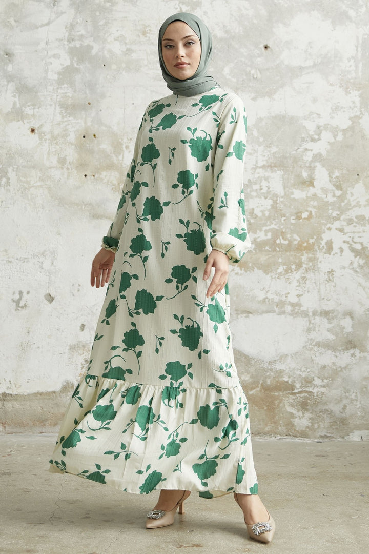 MDS Women Large Flower Pattern Dress - Green - Bootle