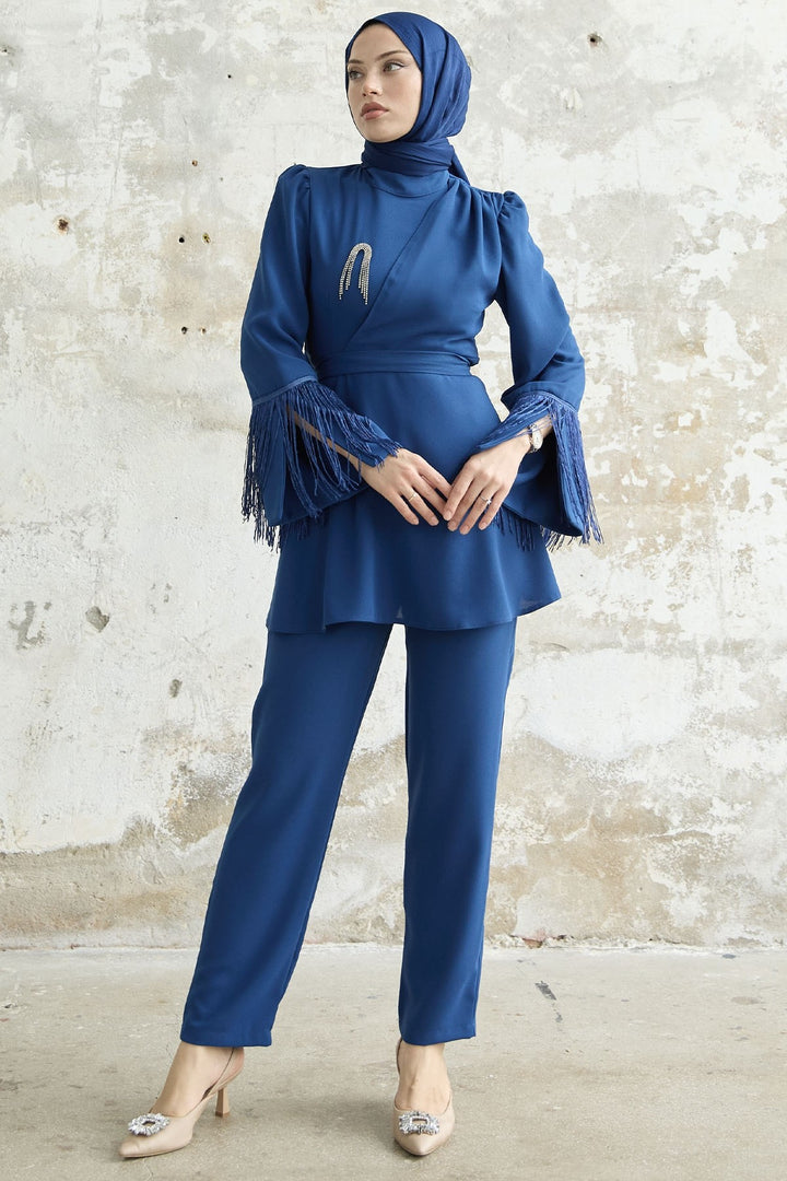 MDS Women Tasseled Sleeve Stone Crepe Set - Cornflower Blue - Lima