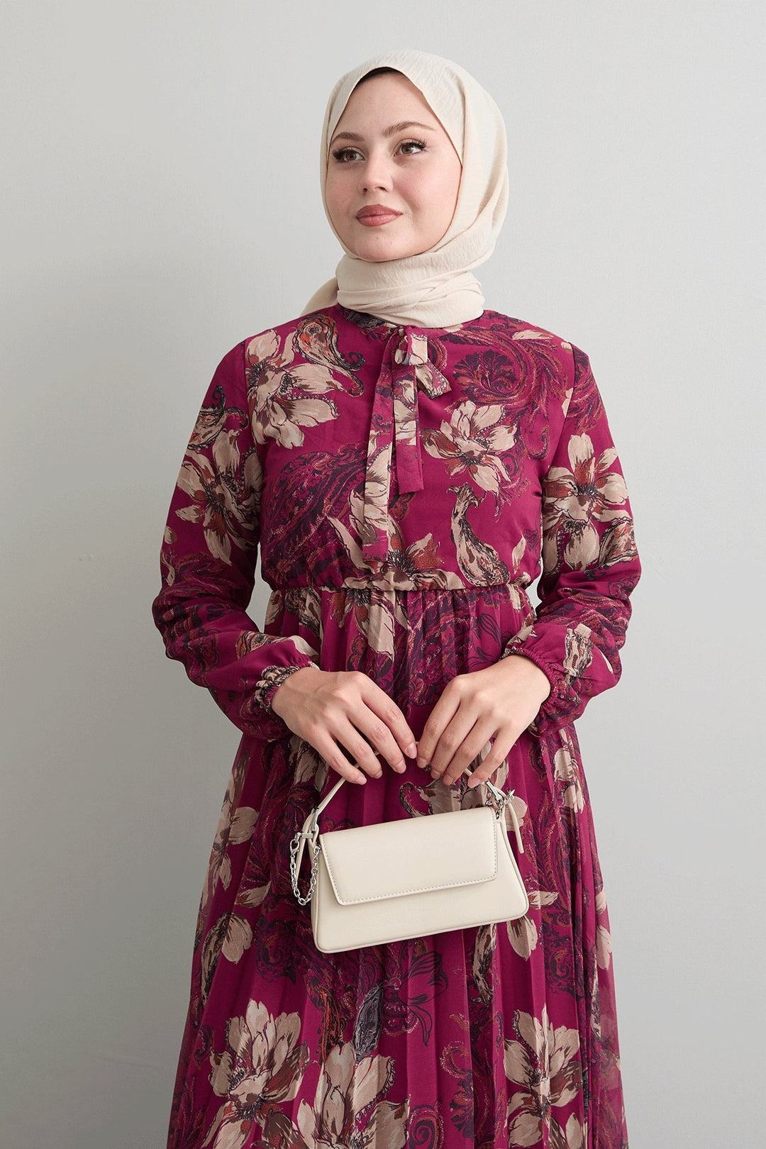 MDS Women Serena Flower Patterned Pleated Fuchsia Chiffon Dress - Swindon