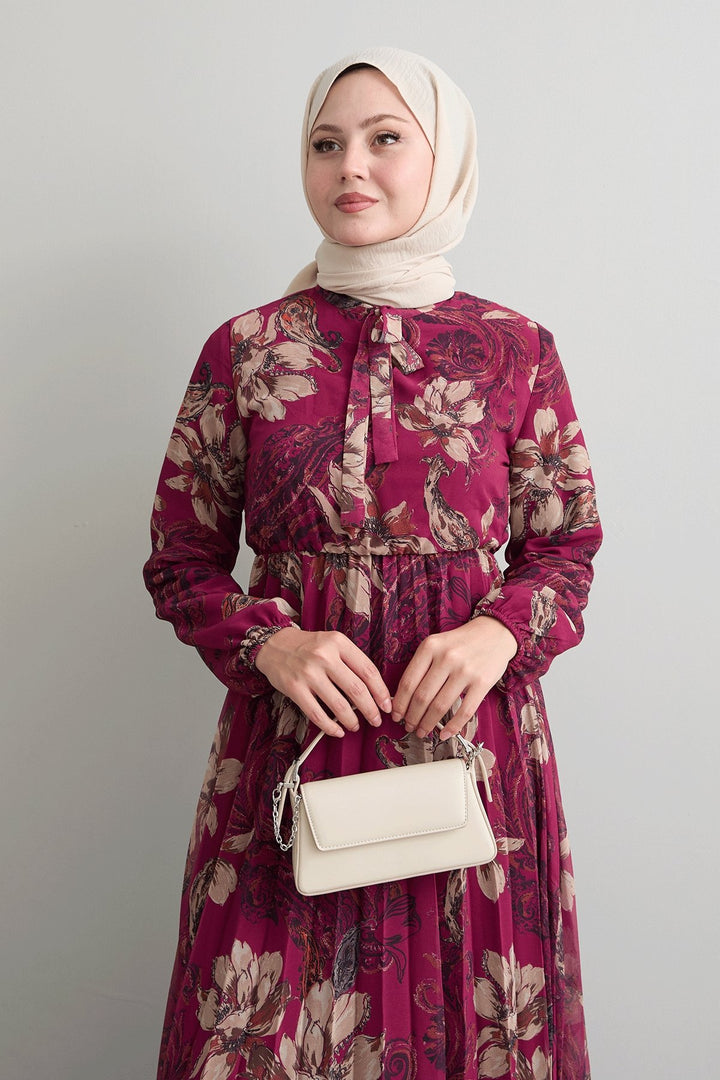 MDS Women Serena Flower Patterned Pleated Fuchsia Chiffon Dress - Swindon