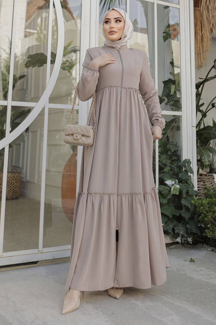 MDS Women Pleated Detail Zippered Abaya - Beige - Cedar Park