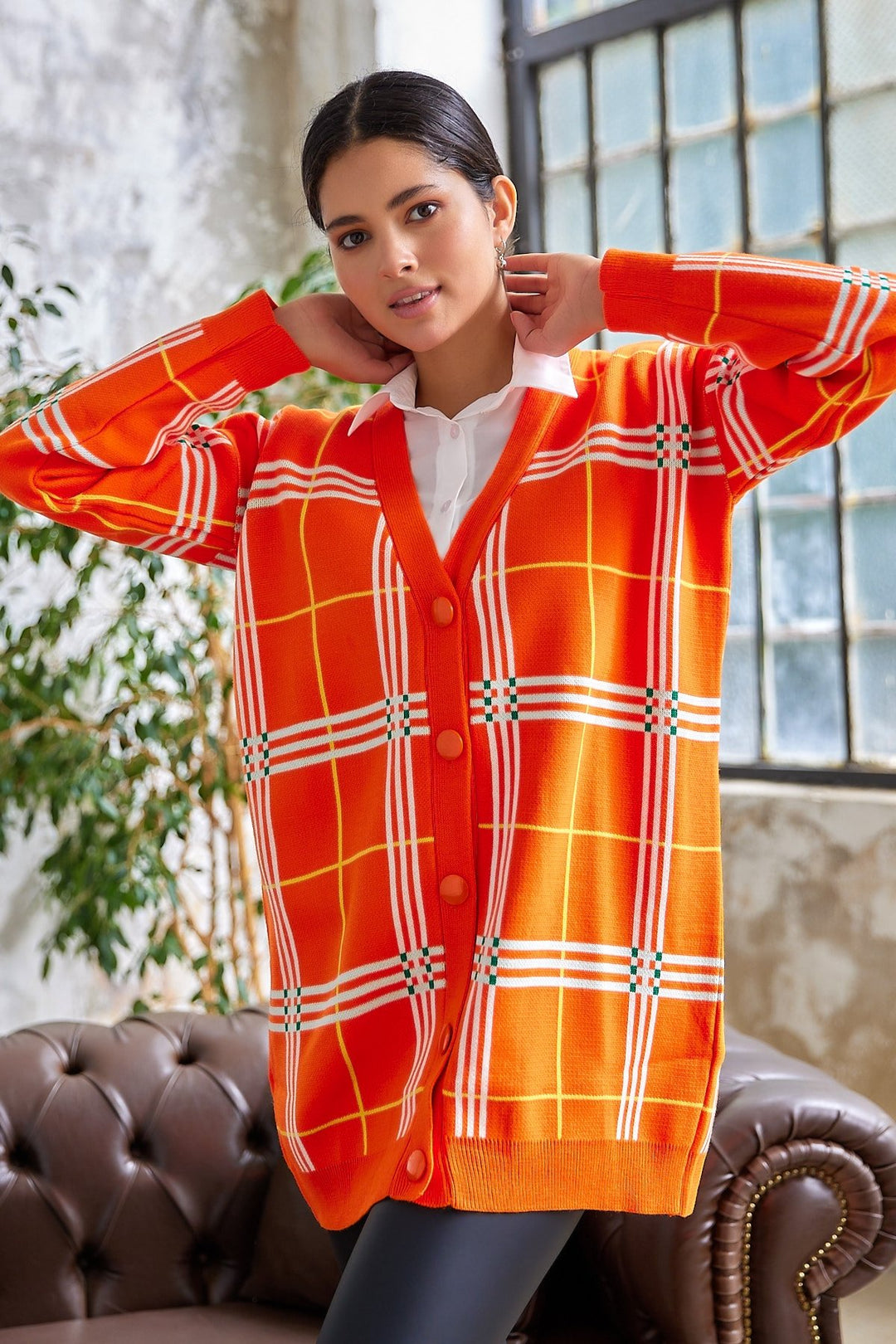 MDS Women Meri Checkered Knit Cardigan - Orange - Sanford