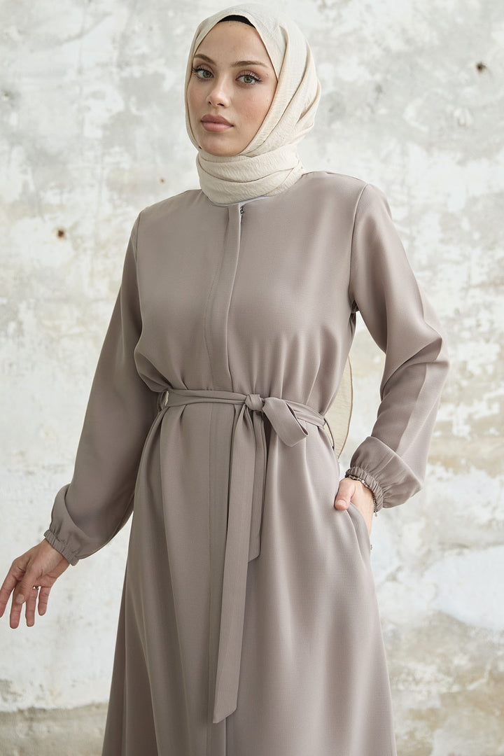 MDS Women Belted Honeycomb Fabric Abaya - Beige - Chula Vista