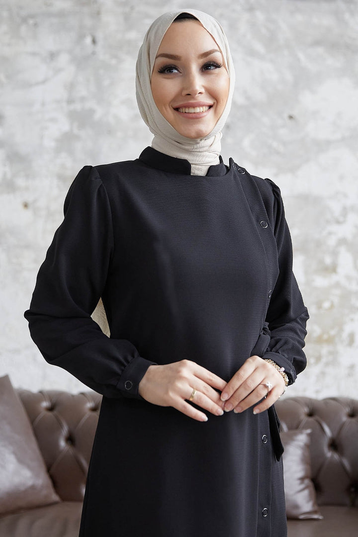 MDS Women Davies Side Buttoned Belted Abaya - Black - Albufeira