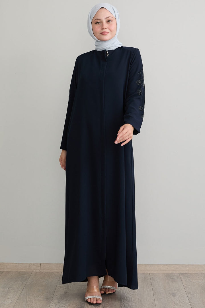 MDS Women Navy Blue Abaya with Leaf Pearl Sleeves - Huntersville