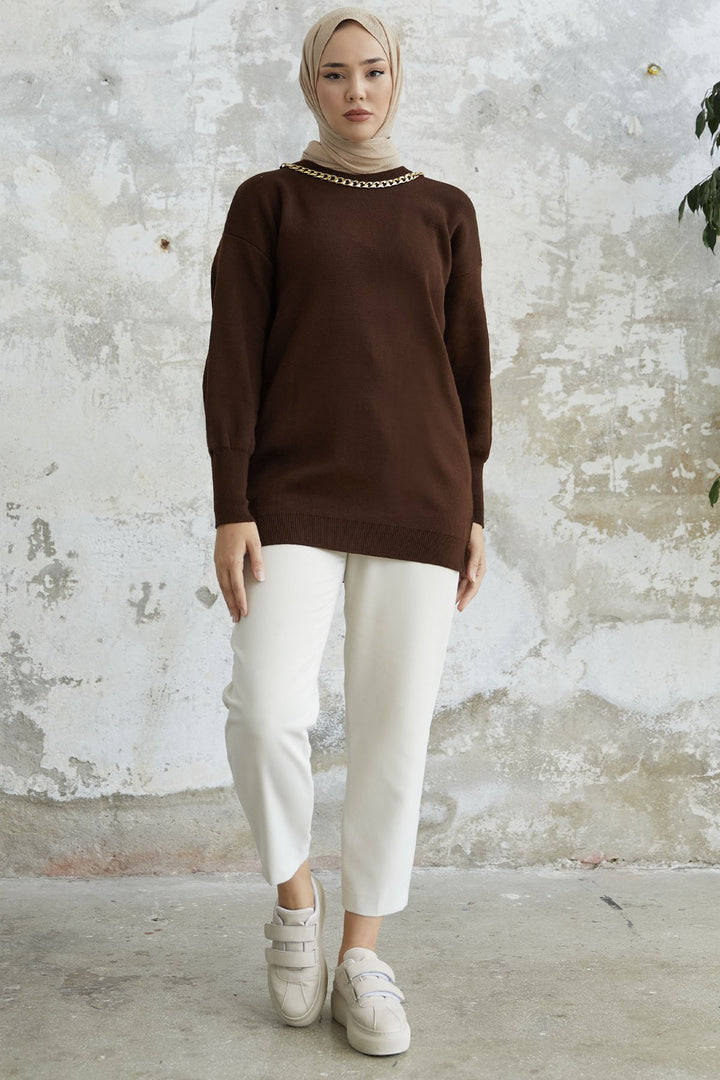 MDS Women Greenhouse Chain Detailed Knit Sweater - Dark Brown - Yuzhnoukrainsk
