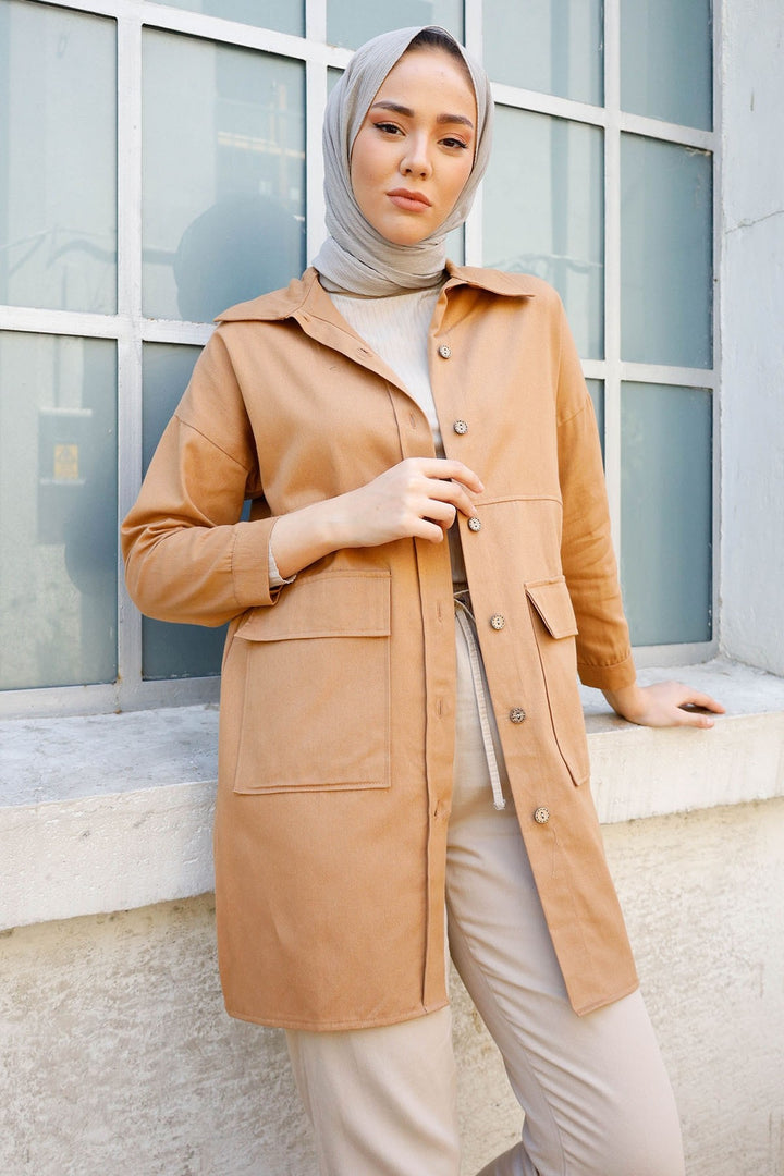 MDS Women Pocket Buttoned Gabardine Shirt - Camel - Hemet