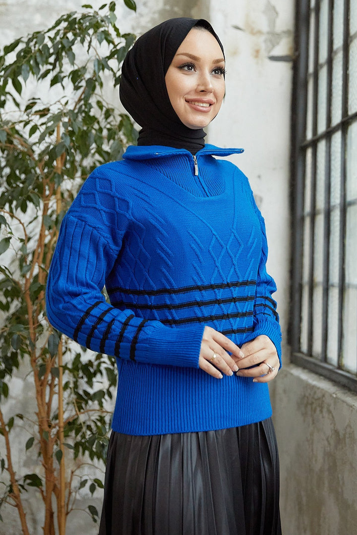 MDS Women Sova Neck Zippered Striped Knit Sweater - Sky Blue - Colorado Springs