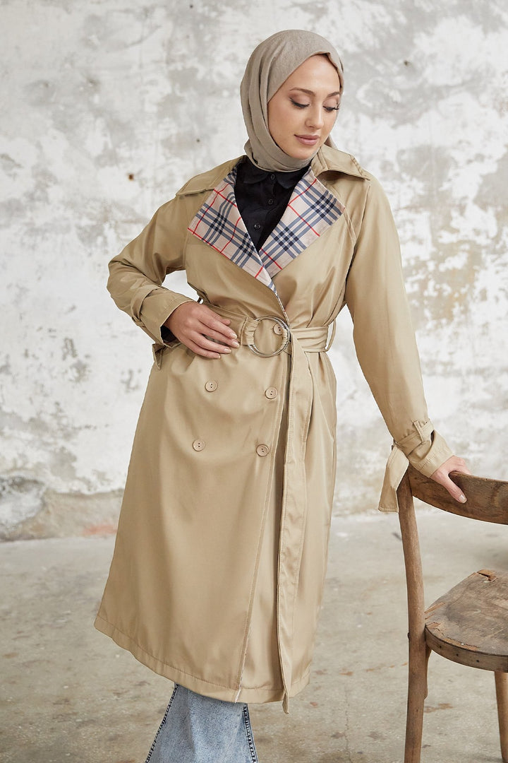 MDS Women Eleta Double-Breasted Checkered Trench Coat - Beige - Upper Hutt