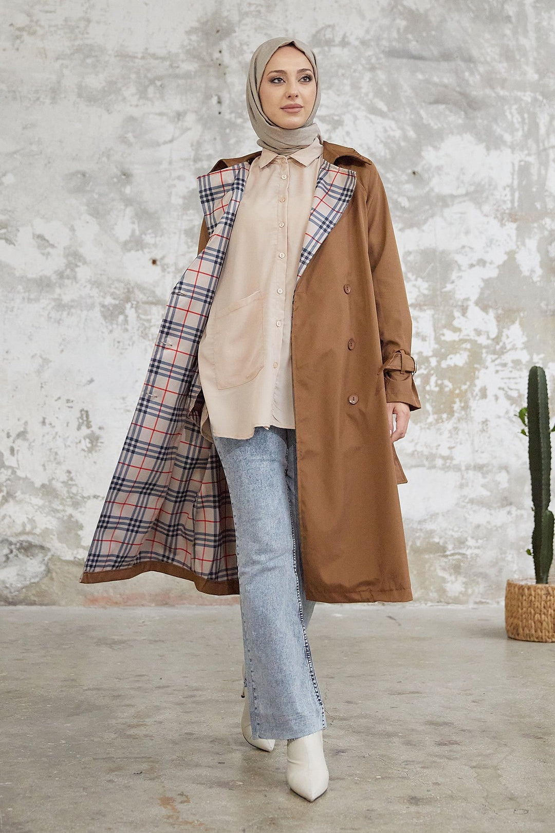 MDS Women Eleta Double-Breasted Checkered Trench Coat - Tan - Laeken