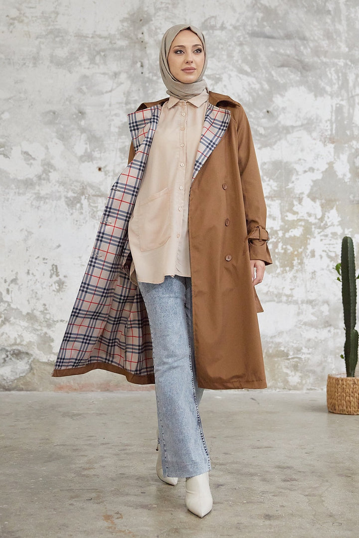 MDS Women Eleta Double-Breasted Checkered Trench Coat - Tan - Laeken