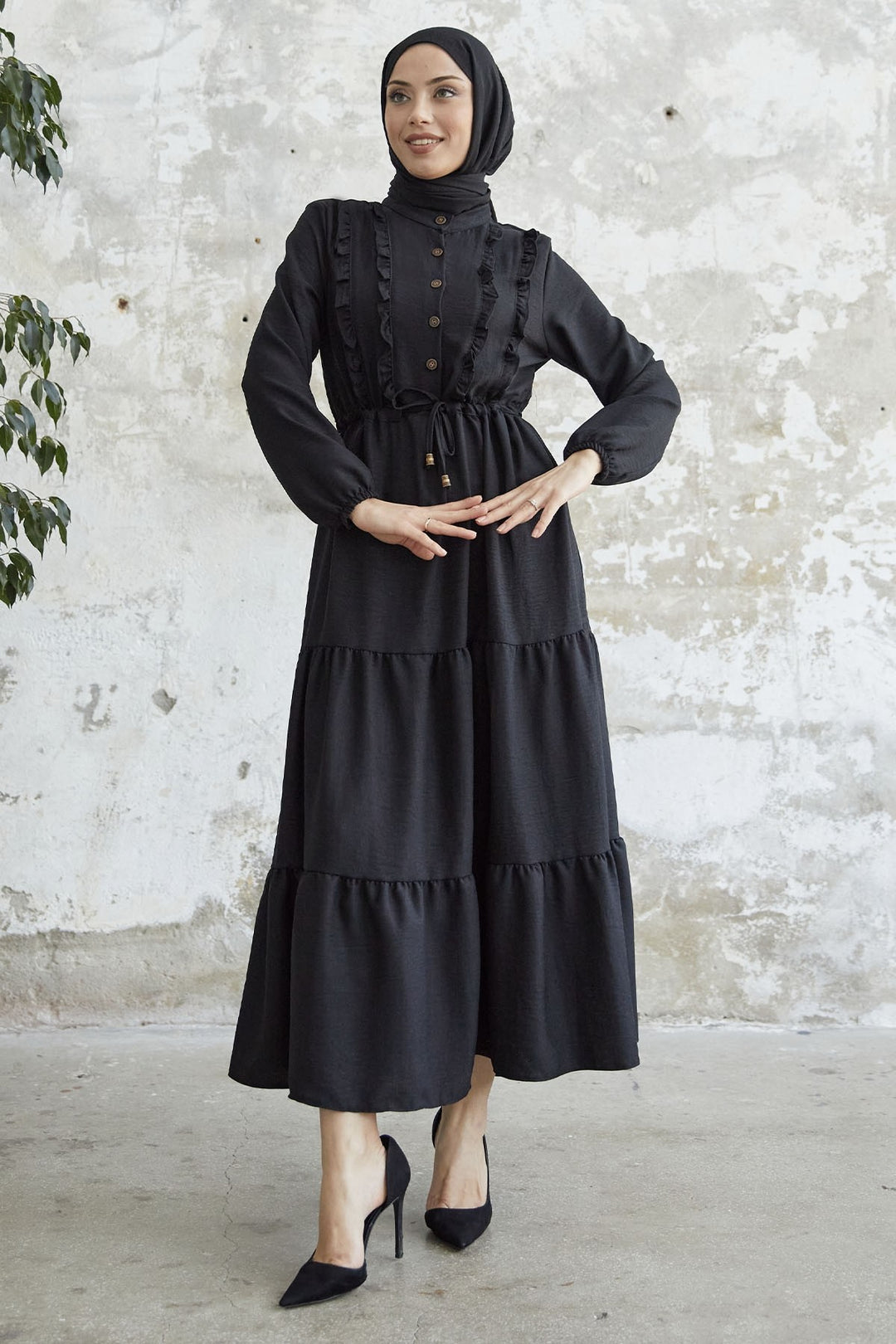MDS Women Frilled Detail Buttoned A-line Dress - Black - Memmingen
