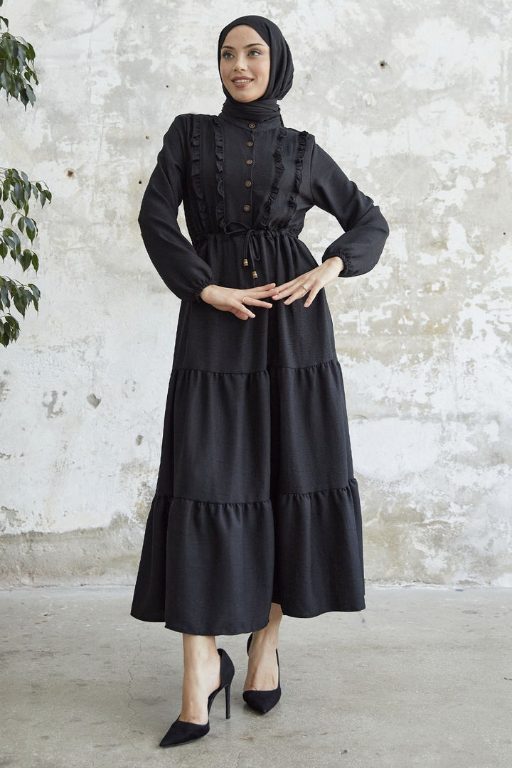MDS Women Frilled Detail Buttoned A-line Dress - Black - Memmingen