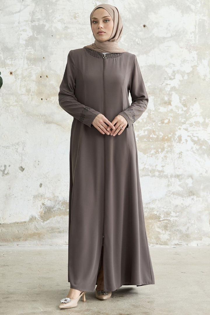 MDS Women Stone-embellished Abaya with Collar and Sleeves - Coffee - Penafiel