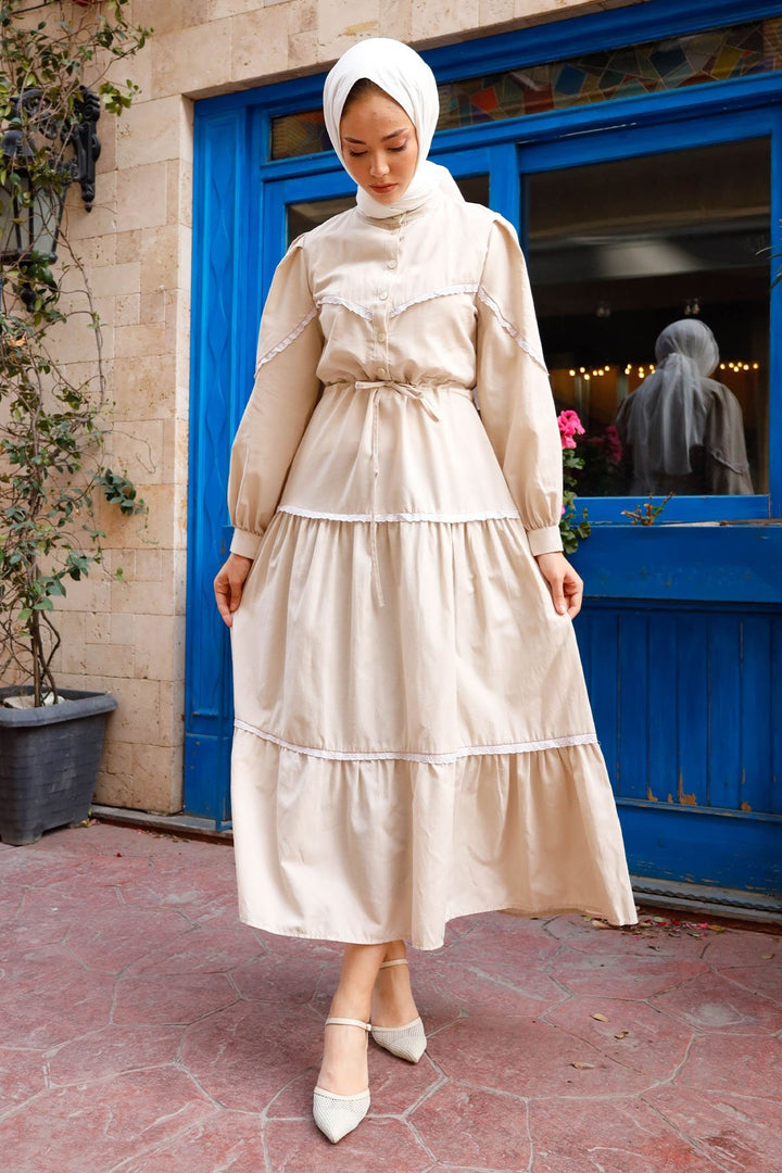 MDS Women Guipure Detail Balloon Sleeve Dress - Stone - Collegno
