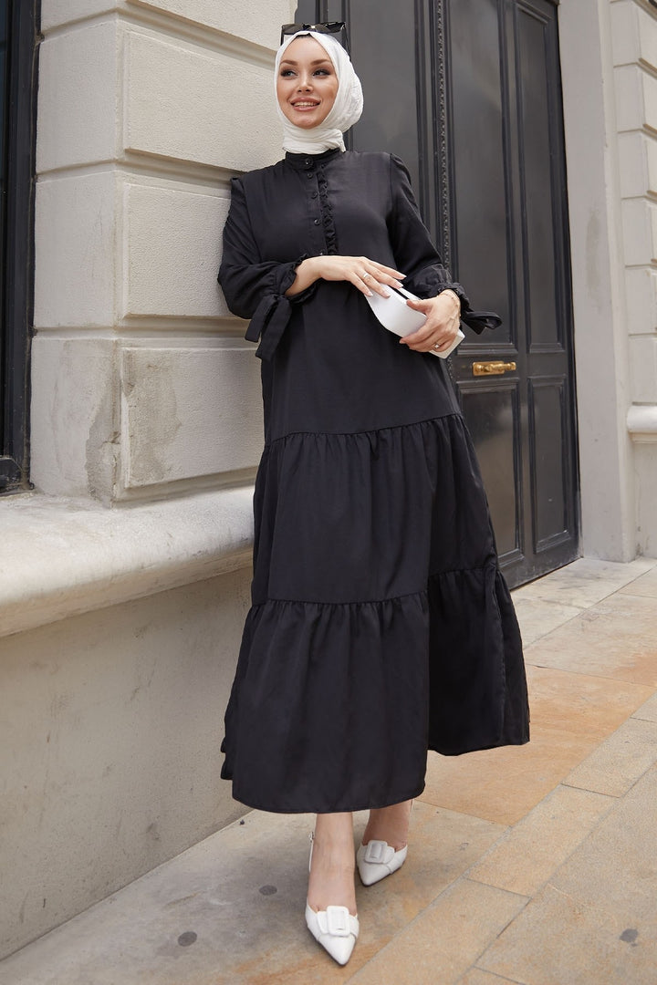 MDS Women Frilly Ruffle Sleeve Belted Dress - Black - Plainfield
