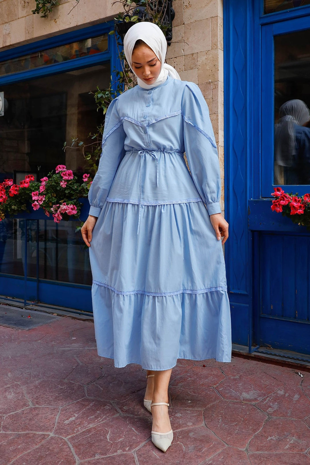 MDS Women Guipure Detail Balloon Sleeve Dress - Baby Blue - Bornheim