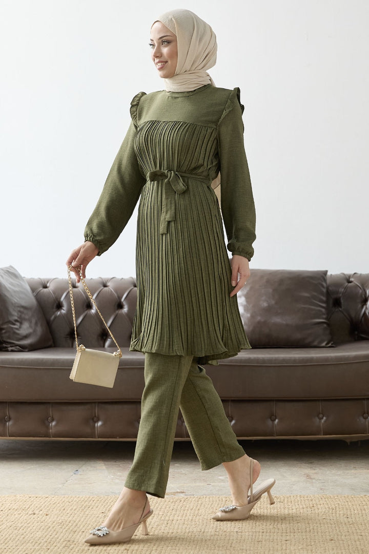 MDS Women Front Pleated Ruffle Detail Set - Khaki - Neumarkt