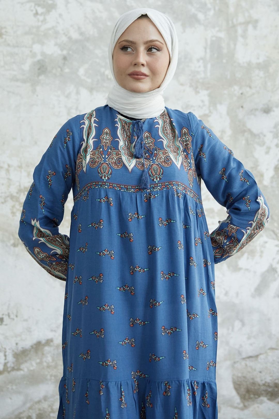 MDS Women Viscose Dress with Tie Collar Pattern - Indigo - Florence-Graham
