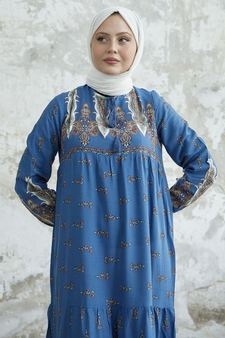 MDS Women Viscose Dress with Tie Collar Pattern - Indigo - Florence-Graham