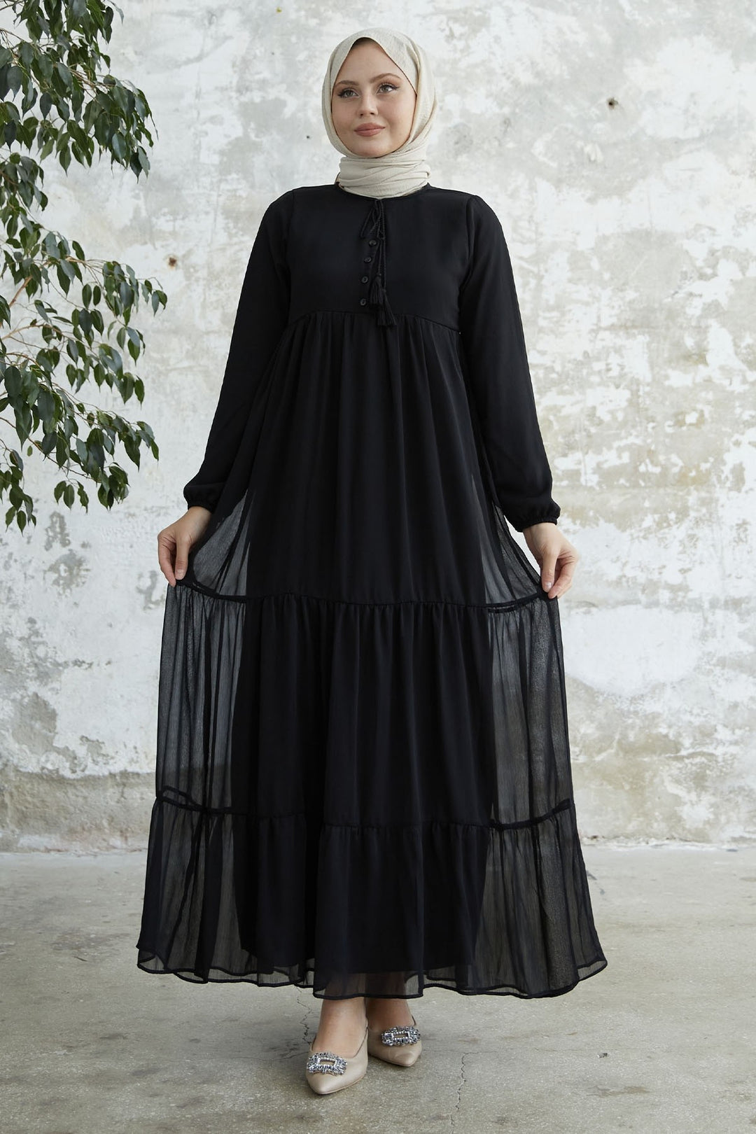 MDS Women Lace-Up Yoryo Chiffon Dress - Black - Vila Real