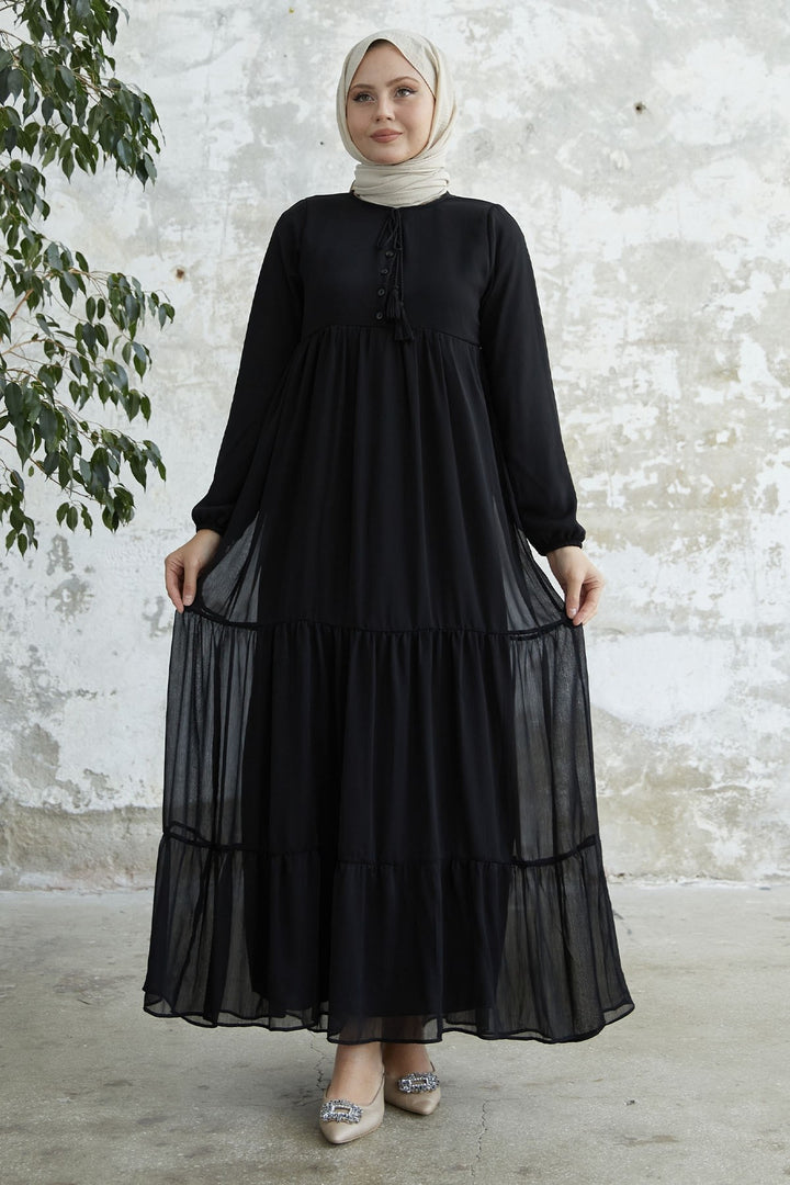 MDS Women Lace-Up Yoryo Chiffon Dress - Black - Vila Real