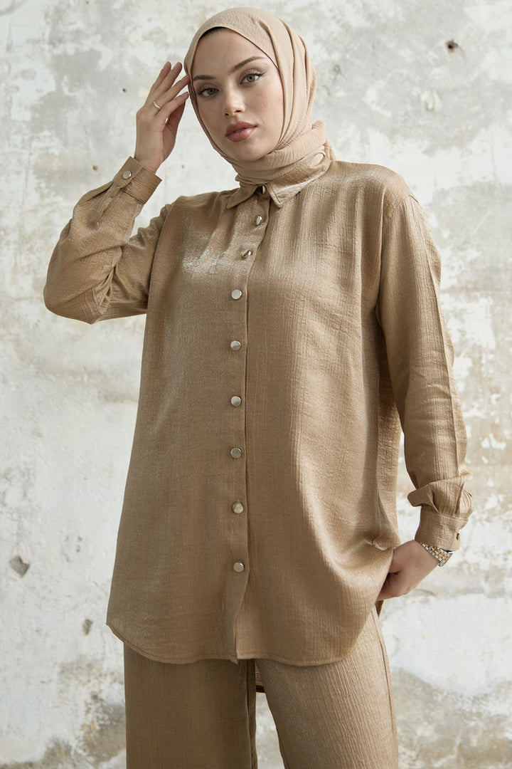 MDS Women Shirt Collar Sequined Two Piece Set - Camel - Barletta