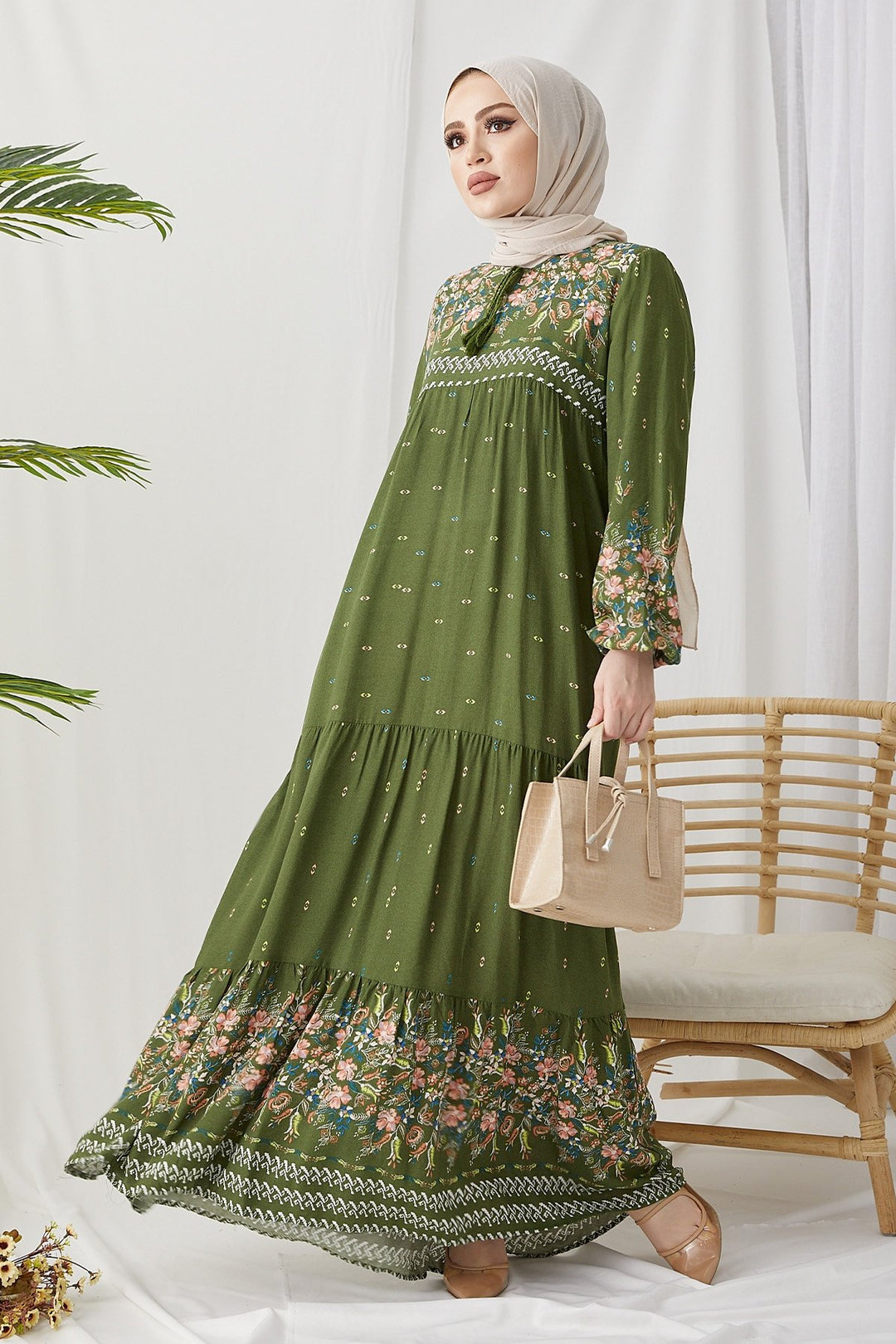 MDS Women Flowy Dress with Watery Pattern - Khaki - Valenciennes