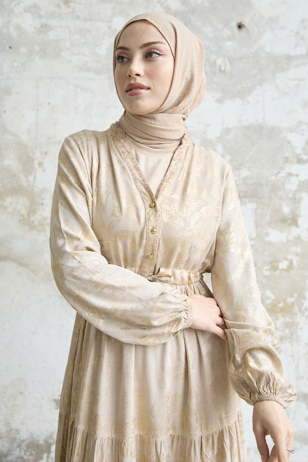 MDS Women Gold Flower Leaf Dress - Beige - Dallas