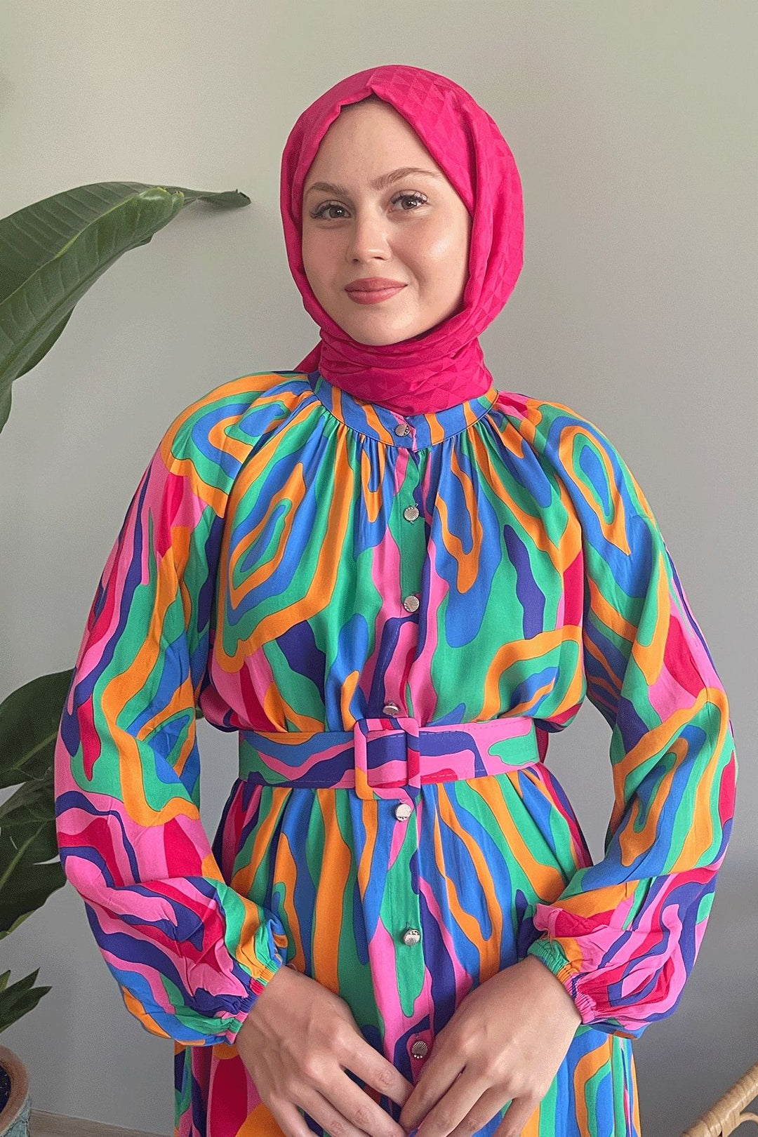 MDS Women Pink Viscose Dress with Oval Striped Belt - Matías Romero