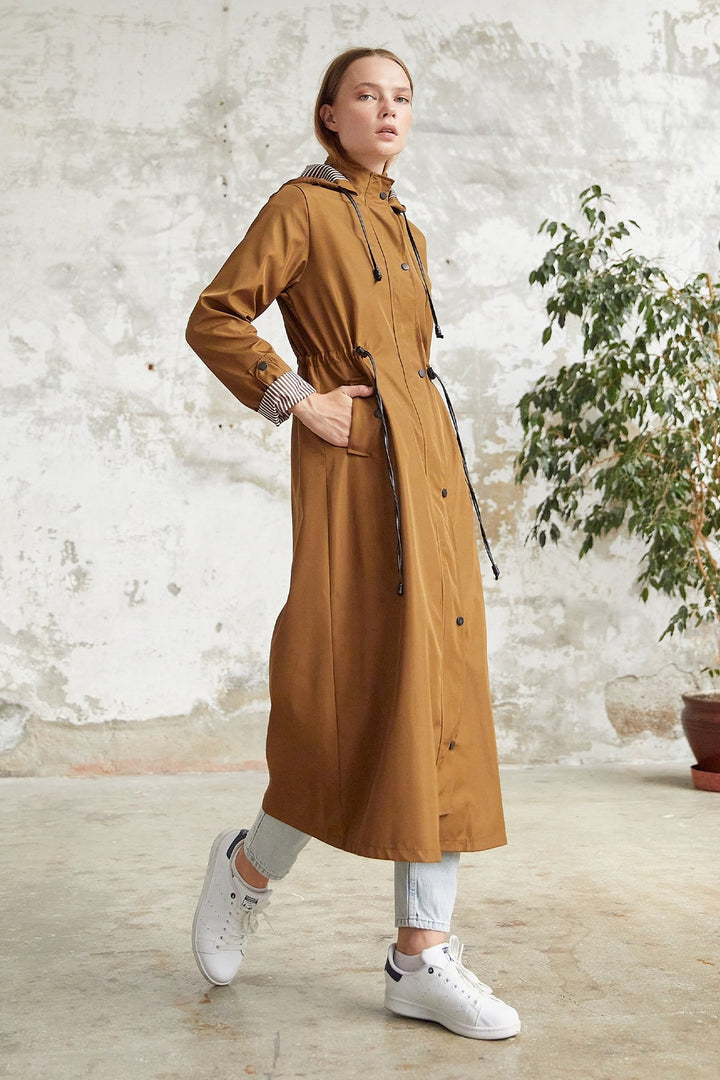 MDS Women Line Pattern Trench Coat - Tan - Jette