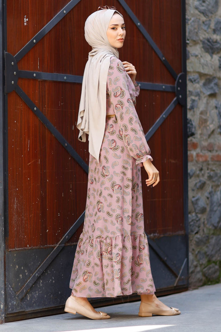 MDS Women Mesh Belted Chiffon Dress with Shawl Pattern - Rose Pink - Paramount