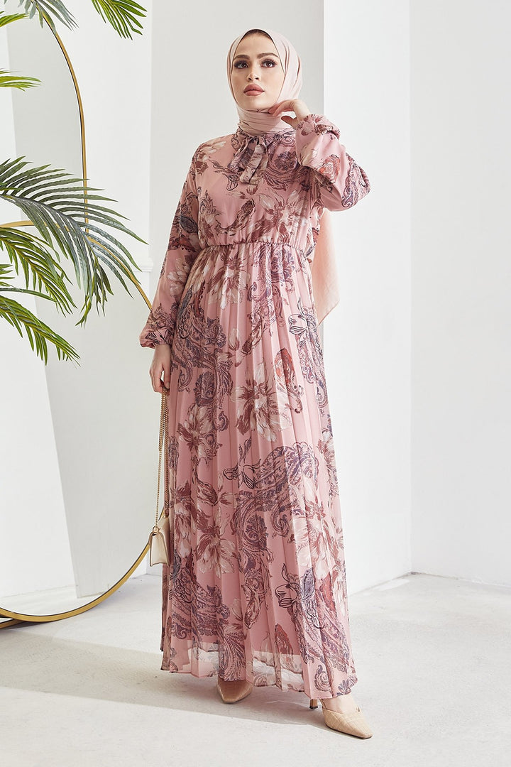 MDS Women Serena Flower Pattern Pleated Chiffon Dress - Rose Pink - Toulouse