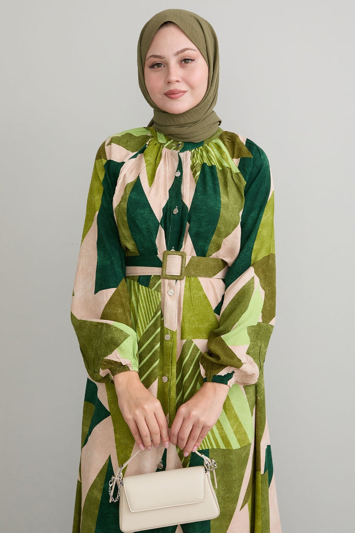MDS Women Geometric Patterned Belted Khaki Viscose Dress - Palenque