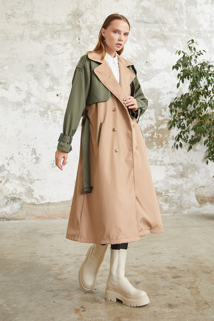 MDS Women Two-Tone Epaulet Detail Trench Coat - Khaki - Oviedo