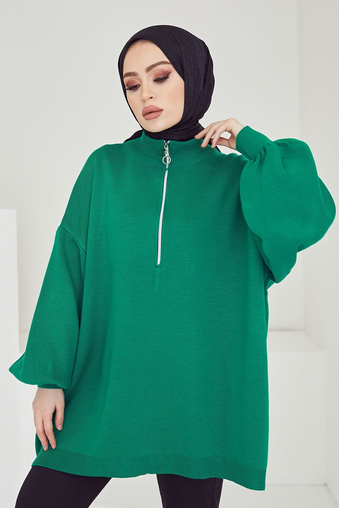 MDS Women Sara Zippered Knit Tunic - Emerald Green - Grimsby