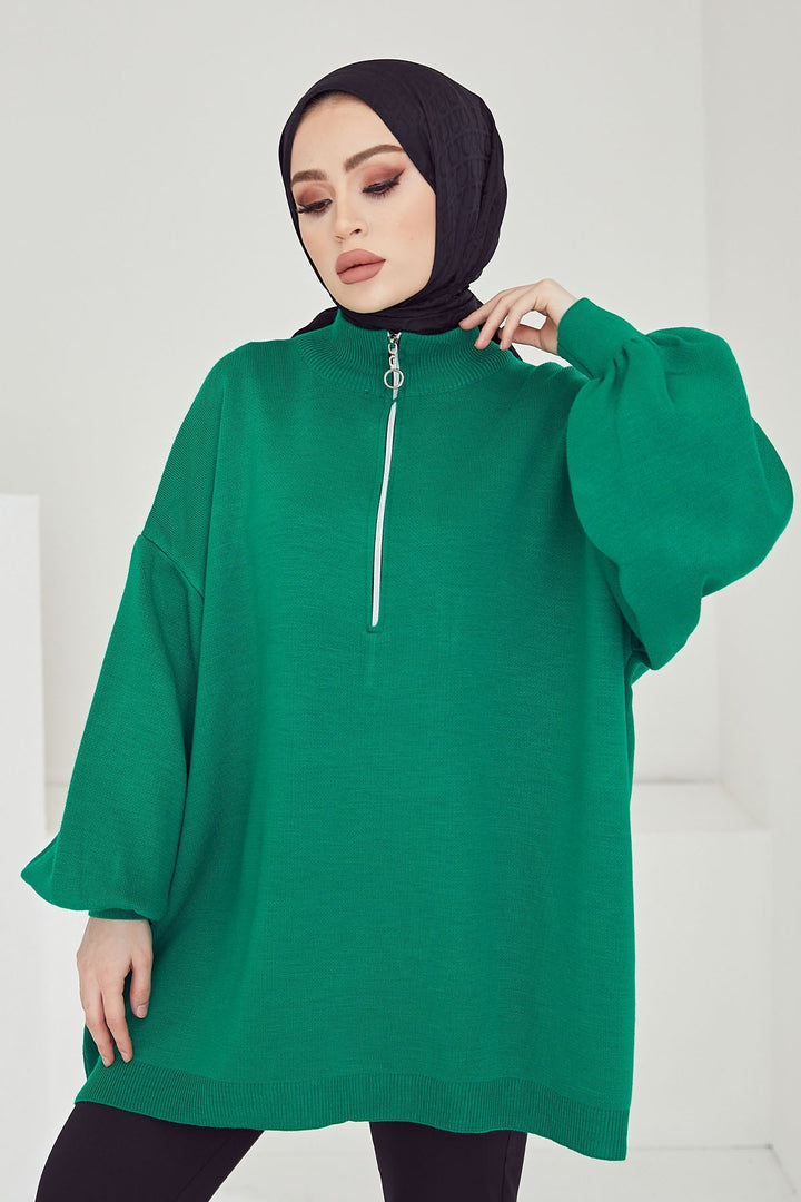 MDS Women Sara Zippered Knit Tunic - Emerald Green - Grimsby
