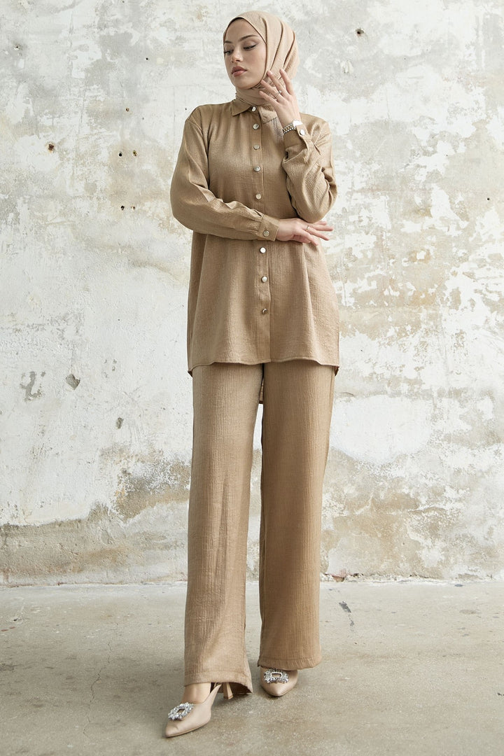 MDS Women Shirt Collar Sequined Two Piece Set - Camel - Barletta