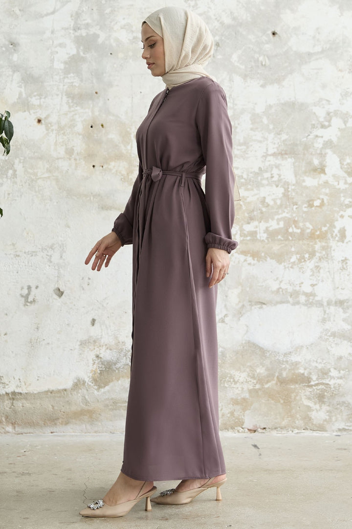 MDS Women Belted Honeycomb Fabric Abaya - Rose Pink - Lehrte