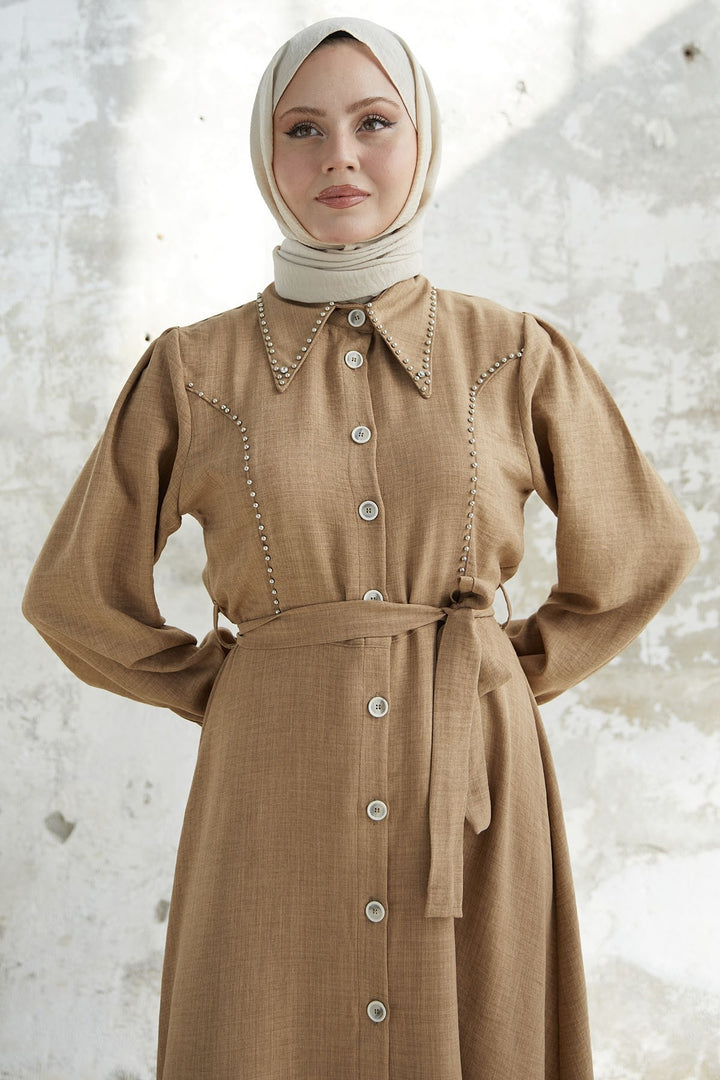 MDS Women Beaded Buttoned Linen Dress - Milky Coffee - Dunstable