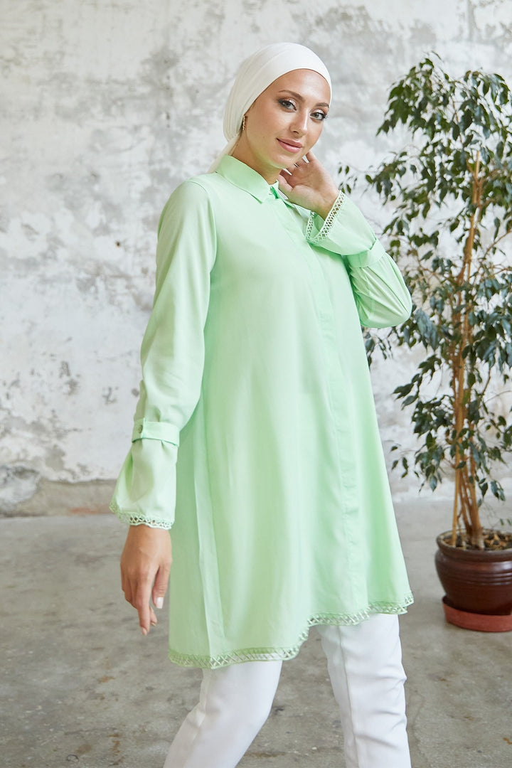 MDS Women Button-Detailed Shirt with Tied Cuff - Water Green - Beckenham