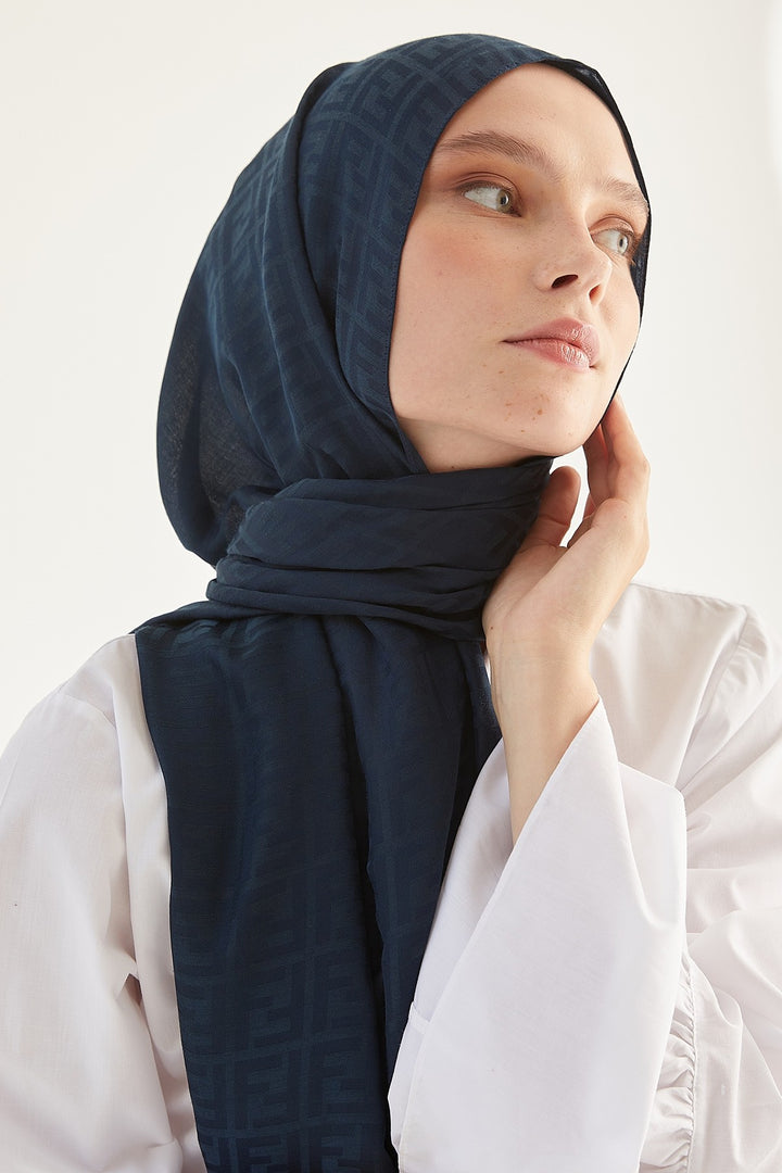 MDS Women Handwoven Jacquard Cotton Scarf - Navy Blue - Middletown