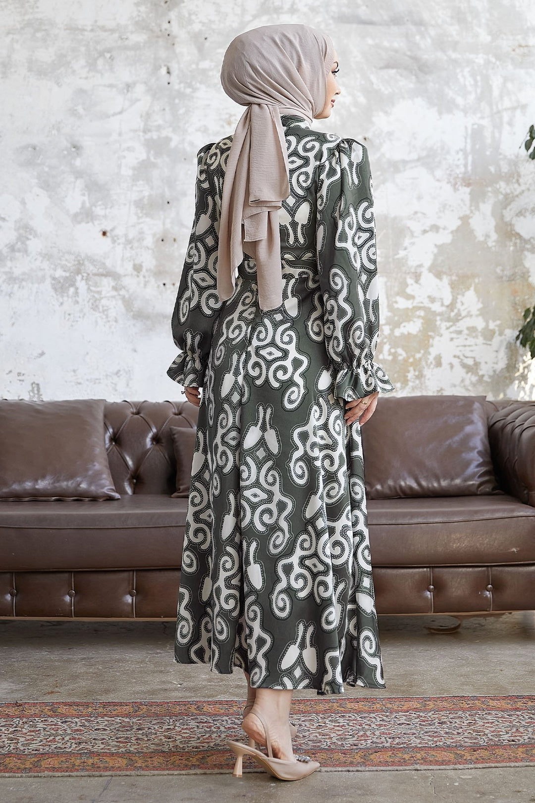 MDS Women Amaris Patterned Belted Satin Dress - Khaki - Saginaw