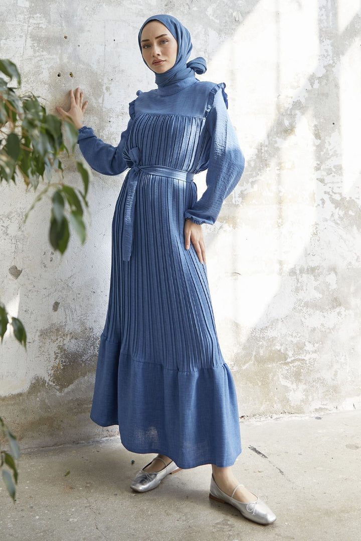 MDS Women Ruffle Trim Linen Dress with Puff Sleeves - Indigo - Goch