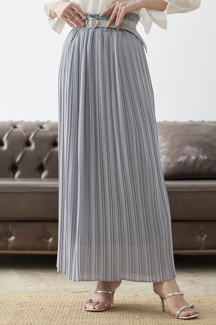 MDS Women Ruched Waist Chiffon Skirt with Belt - Grey - Vendrell