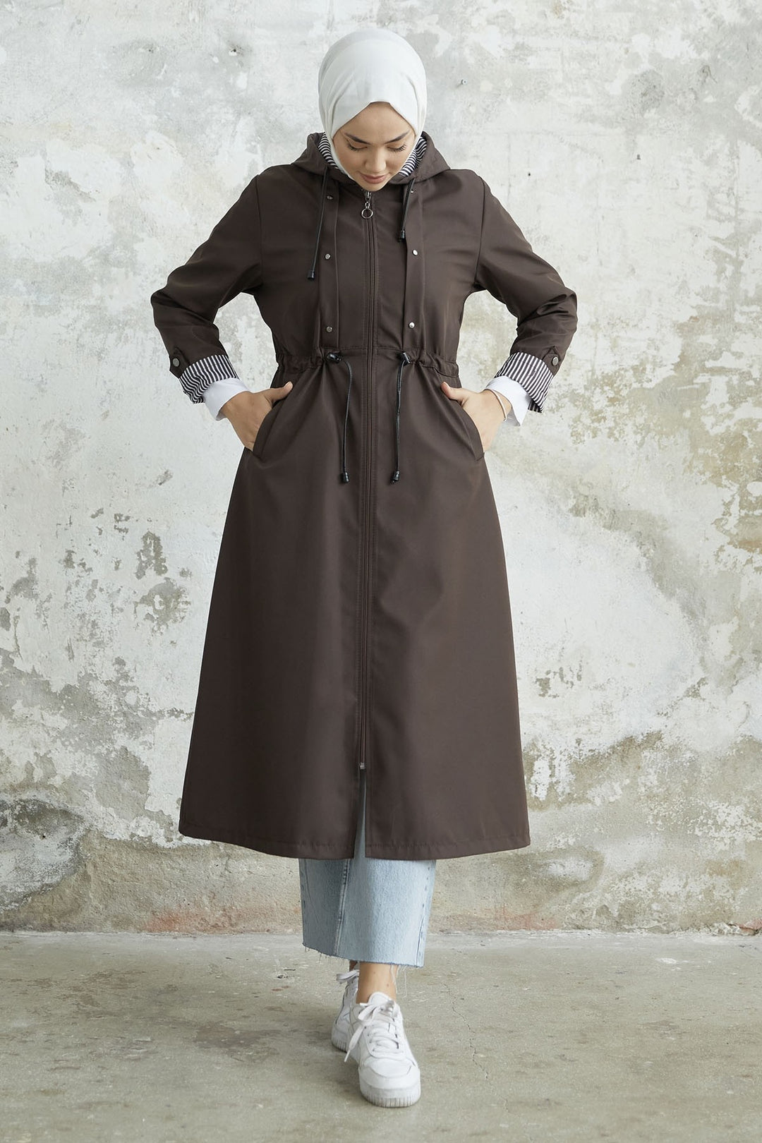 MDS Women Striped Patterned Long Trench Coat - Bitter Brown - Saint Albans