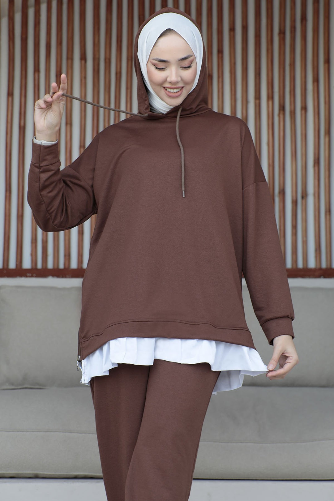 MDS Women Losya Sides Zippered Hooded Two Piece Set - Dark Brown - Cambridge