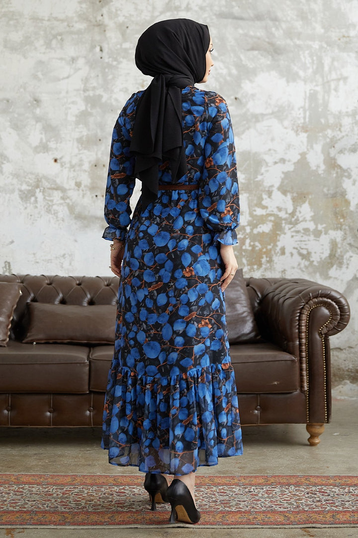MDS Women Droplet Patterned Belted Chiffon Dress - Blue - El Dorado