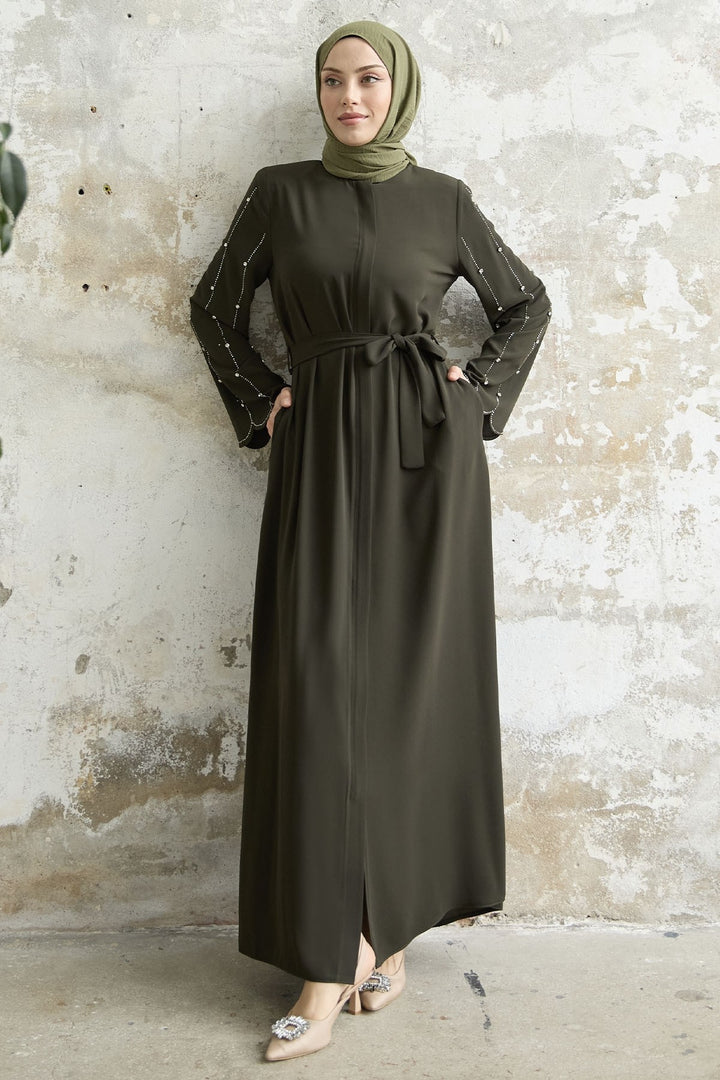 MDS Women Stone-Embroidered Sleeve Abaya - Khaki - San Adrián de Besós
